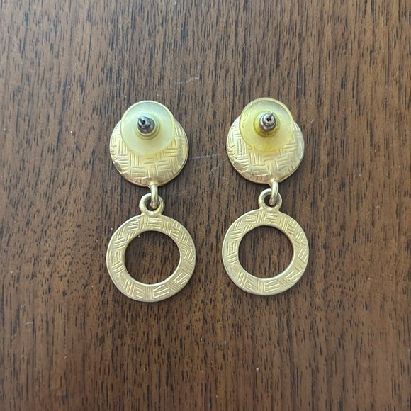 Double Circle Textured Matte Gold and Silver Metal Drop Pierced Earrings - Picture 2 of 3